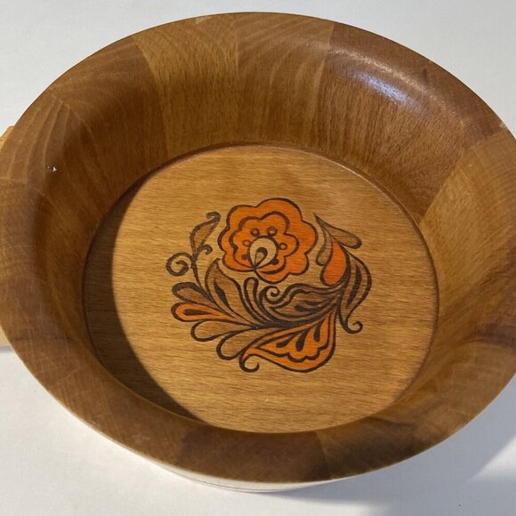 Vintage Hand Painted Wooden Bowl with Handles 6.5 in Orange Floral Treen OOAK - Picture 2 of 10